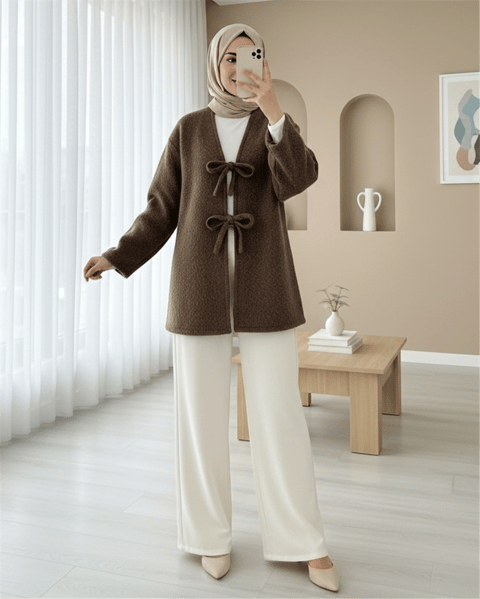 Önü Bağlamalı Sakallı Kimono -Kahve-Kimono & Kaftan-398-55003-R15