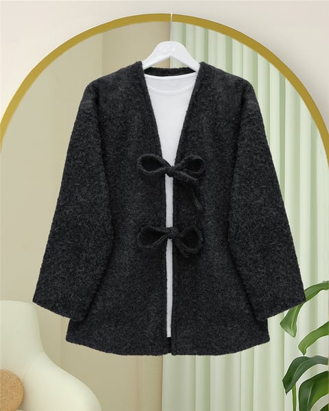 Önü Bağlamalı Sakallı Kimono -Siyah-Kimono & Kaftan-398-55003-R01