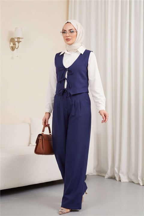 Önü Bağlamalı Yelek Pantolon İkili Takım    -Lacivert-Takım-346-3069-R03
