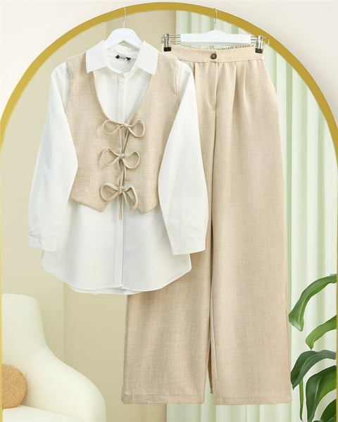 Önü Bağlamalı Yelek Pantolon İkili Takım  -Taş-Takım-346-3069-R43