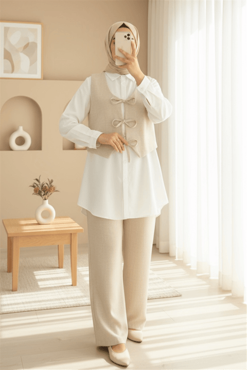 Önü Bağlamalı Yelek Pantolon İkili Takım  -Taş-Takım-346-3069-R43