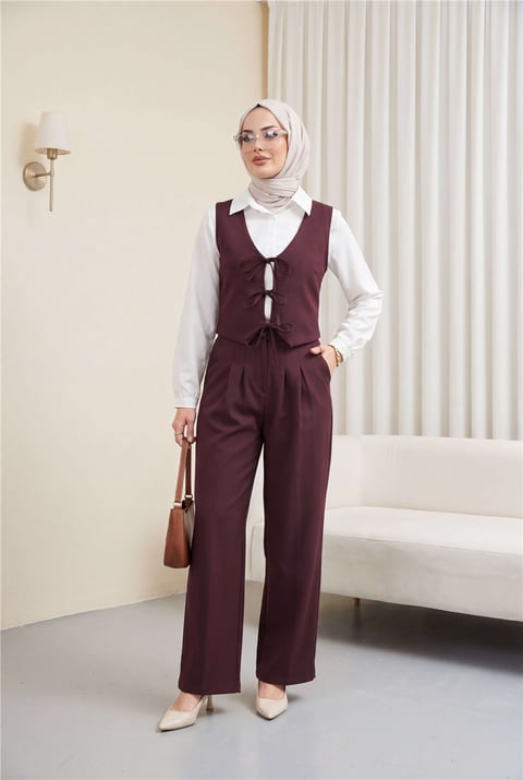 Önü Bağlamalı Yelek Pantolon İkili Takım    -K. Bordo-Takım-346-3069-R52