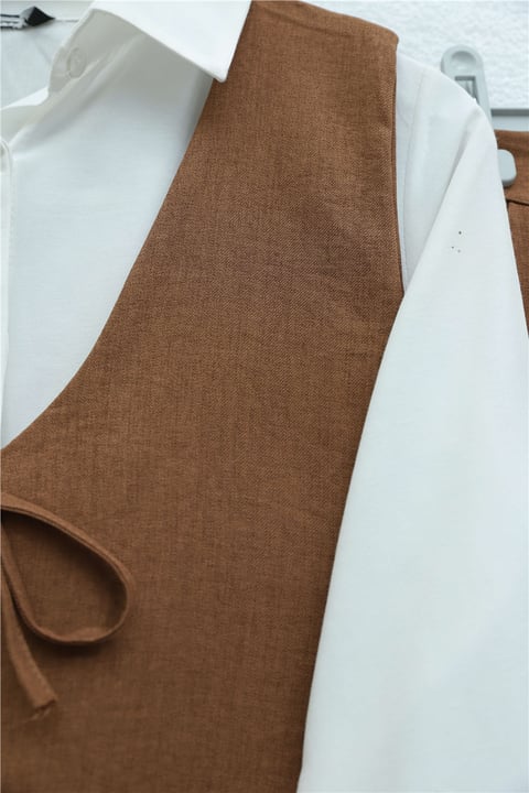 Önü Bağlamalı Yelek Pantolon İkili Takım    -Taba-Takım-346-3069-R12