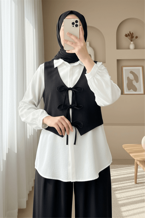 Önü Bağlamalı Yelek Pantolon İkili Takım   -Siyah-Takım-346-3069-R01