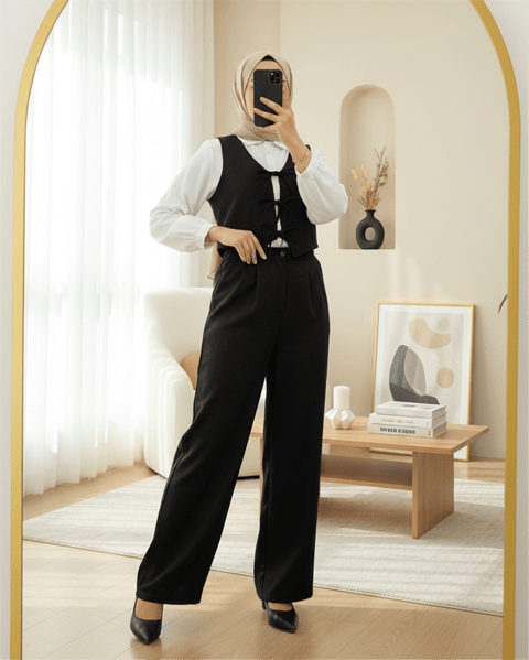 Önü Bağlamalı Yelek Pantolon İkili Takım   -Siyah-Takım-346-3069-R01