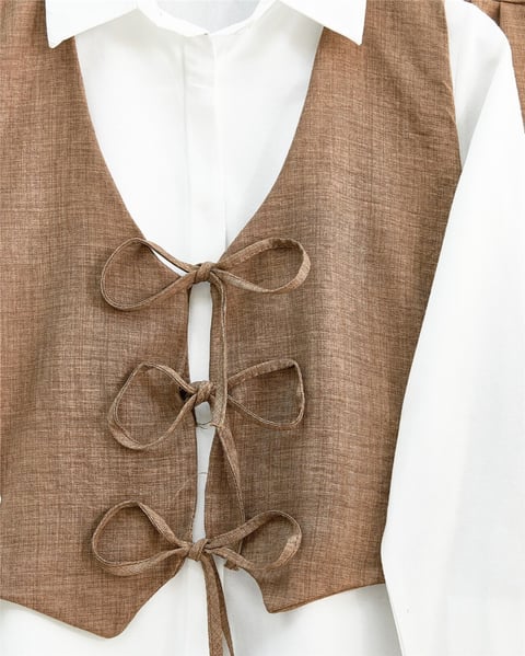 Önü Bağlamalı Yelek Pantolon İkili Takım   -Kahve-Takım-346-3069-R15