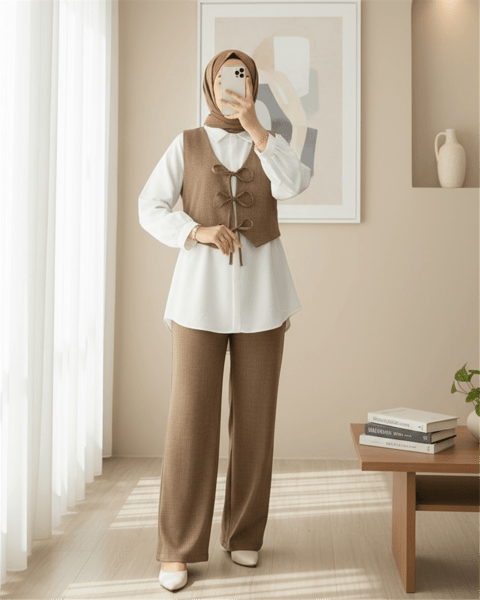Önü Bağlamalı Yelek Pantolon İkili Takım   -Kahve-Takım-346-3069-R15