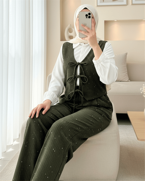 Önü Bağlamalı Yelek Pantolon Kadife Takım  -Haki-Takım-346-3080-R05