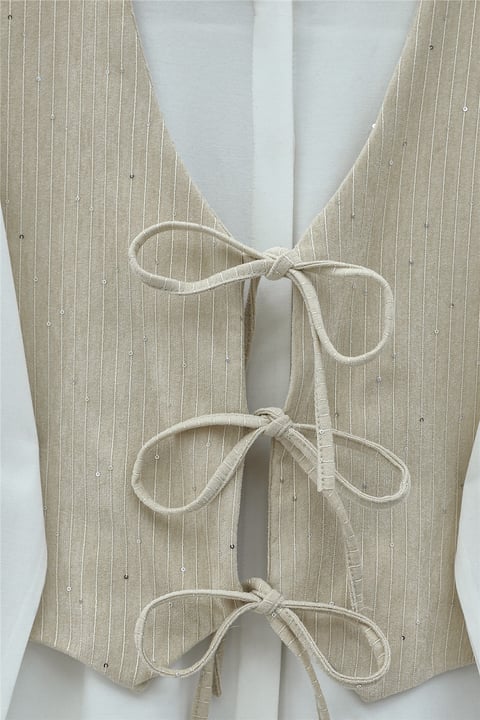 Önü Bağlamalı Yelek Pantolon Kadife Takım  -Bej-Takım-346-3080-R56