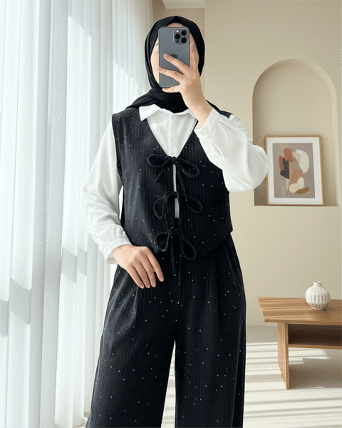 Önü Bağlamalı Yelek Pantolon Kadife Takım  -Antrasit-Takım-346-3080-R64