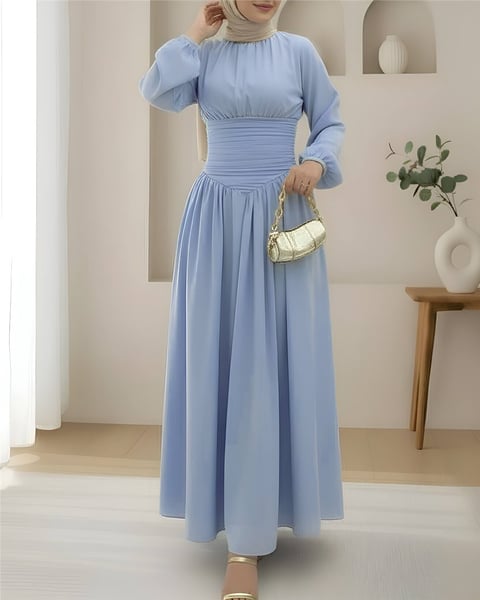 Önü Büzgülü Kolu Lastikli Fermuarlı Poplin Elbise -Açık Mavi-Elbise-253-13066-R25