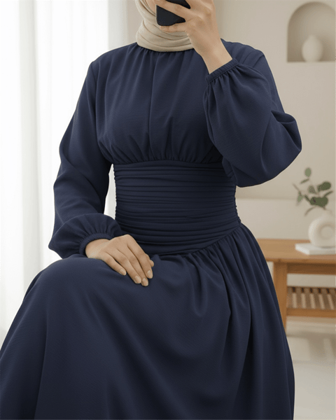 Önü Büzgülü Kolu Lastikli Fermuarlı Poplin Elbise -Laci-Elbise-253-13066-R03
