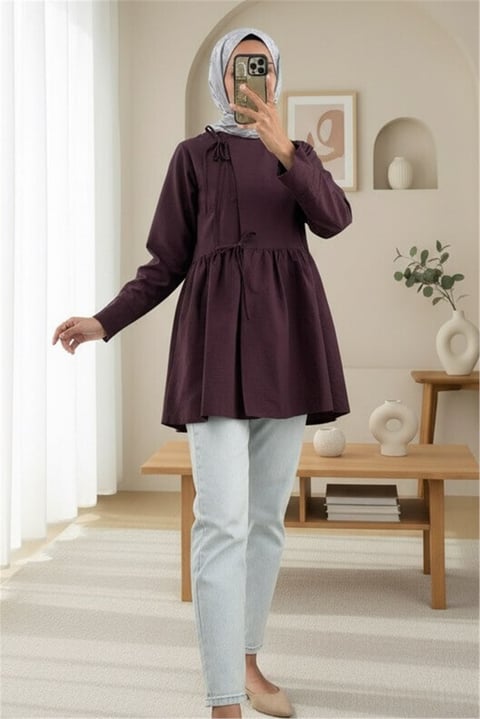 Önü Çapraz Bağlamalı Parçalı Kimono -Mürdüm-Kimono & Kaftan-307-0002-R09