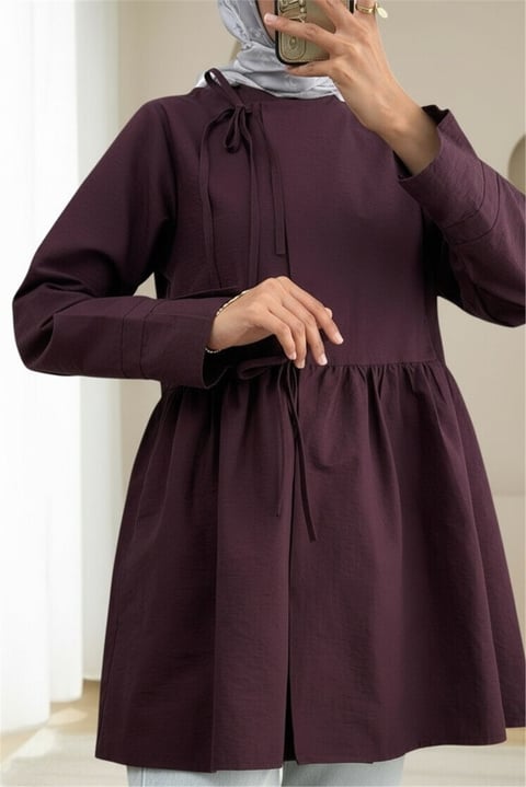 Önü Çapraz Bağlamalı Parçalı Kimono -Mürdüm-Kimono & Kaftan-307-0002-R09