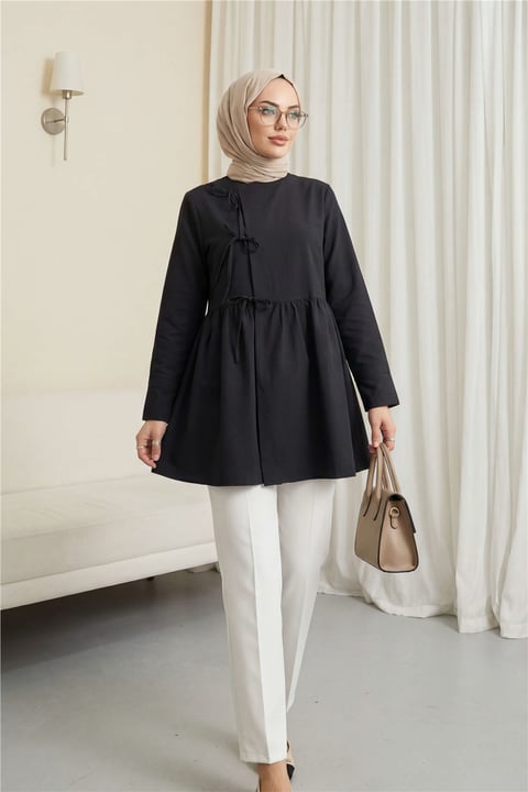 Önü Çapraz Bağlamalı Parçalı Kimono -Siyah-Kimono & Kaftan-307-0002-R01
