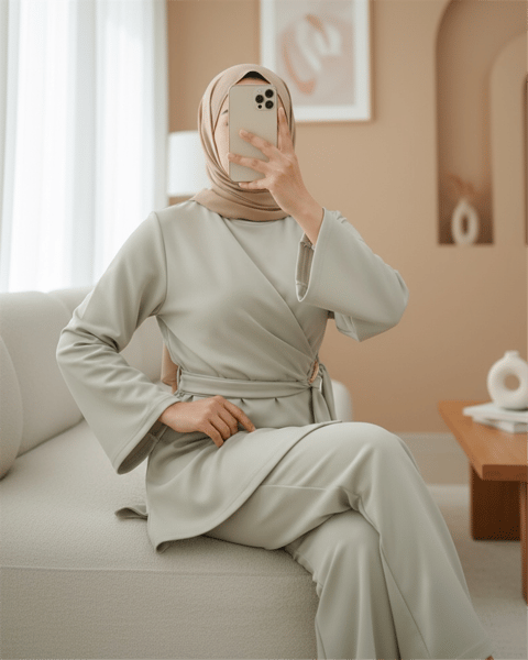 Önü Çapraz Bağlamalı Yırtmaçlı Scuba Takım  -Bej-Takım-120-5151-R56