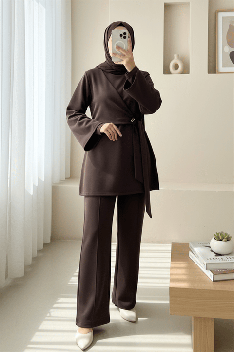 Önü Çapraz Bağlamalı Yırtmaçlı Scuba Takım  -K. Kahve-Takım-120-5151-R54