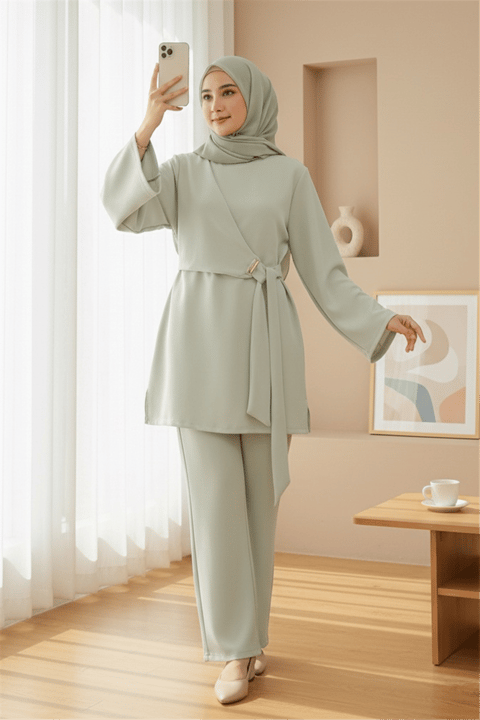 Önü Çapraz Bağlamalı Yırtmaçlı Scuba Takım  -Bej-Takım-120-5151-R56