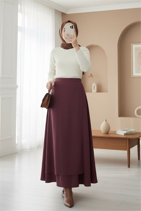 Önü Çapraz Çift Katlı Scuba Etek -Bordo-Etek-120-1632-R04