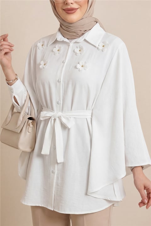 Önü Çiçek Detaylı Beli Bağcıklı Düğmeli Panço  -Beyaz-Tunik-398-1048-R02