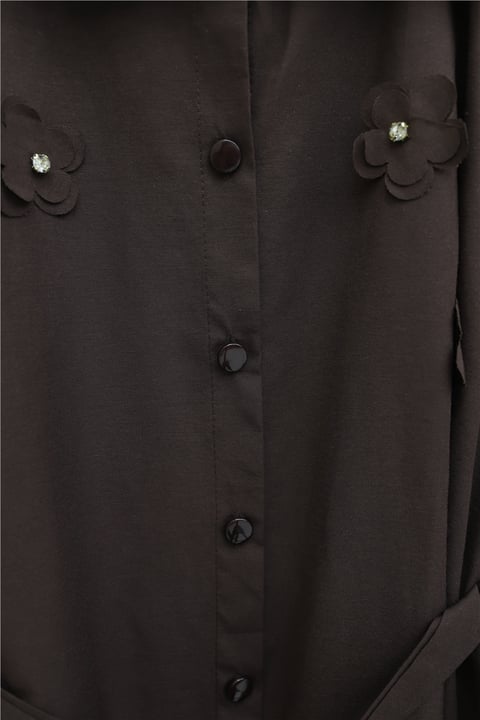 Önü Çiçek Detaylı Beli Bağcıklı Düğmeli Panço   -Kahve-Tunik-398-1048-R15