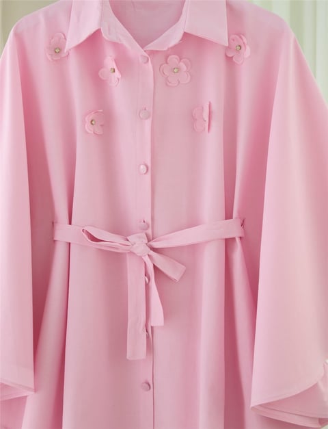 Önü Çiçek Detaylı Beli Bağcıklı Düğmeli Panço -Pembe-Tunik-398-1048-R20