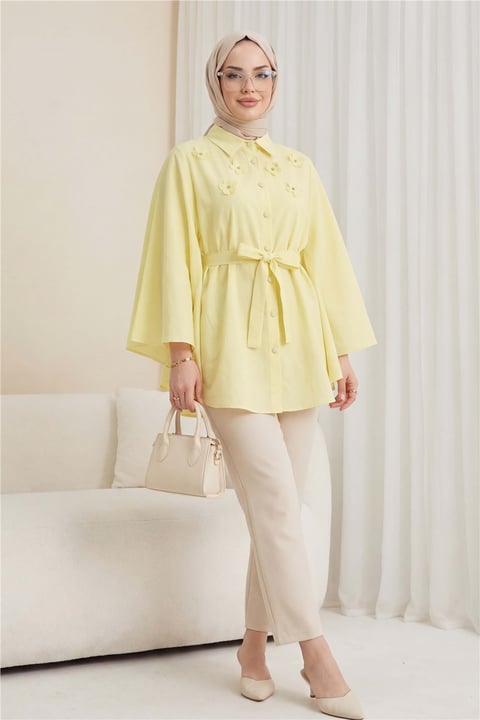 Önü Çiçek Detaylı Beli Bağcıklı Düğmeli Panço -Açık Sarı-Tunik-398-1048-R75