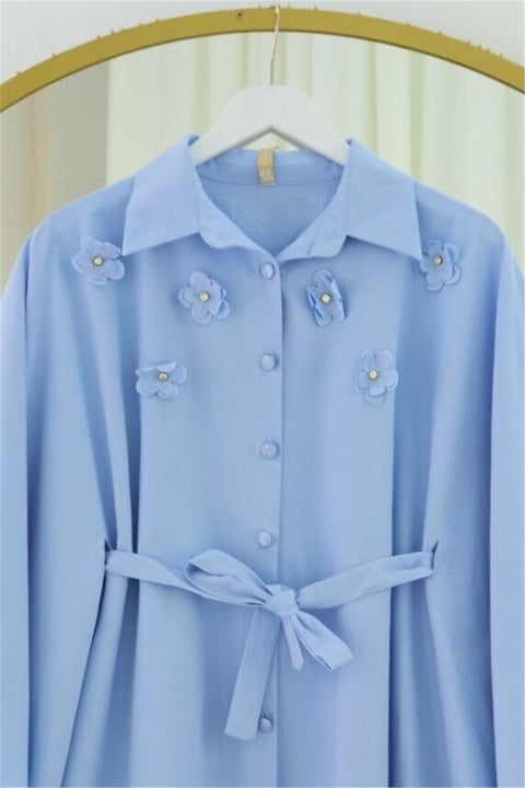 Önü Çiçek Detaylı Beli Bağcıklı Düğmeli Panço -Mavi-Tunik-398-1048-R31