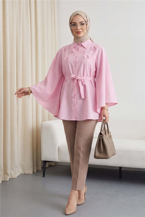 Önü Çiçek Detaylı Beli Bağcıklı Düğmeli Panço -Pembe-Tunik-398-1048-R20