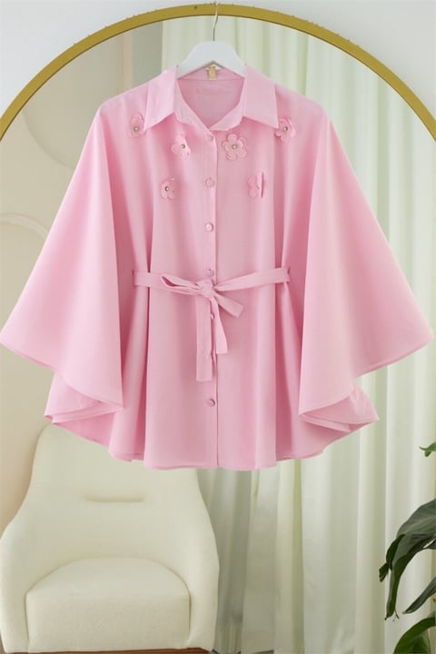 Önü Çiçek Detaylı Beli Bağcıklı Düğmeli Panço -Pembe-Tunik-398-1048-R20
