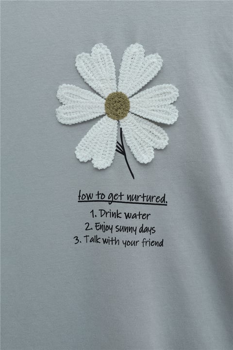 Önü Çiçek Nakışlı Bisiklet Yaka Penye Tunik -Gri-Tunik-253-13157-R11