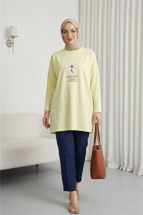 Önü Çiçek Nakışlı Bisiklet Yaka Penye Tunik -Açık Sarı-Tunik-253-13157-R75