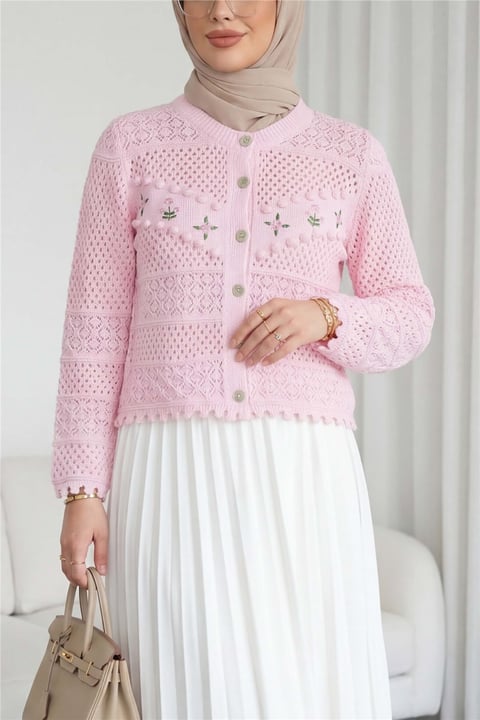 Önü Çiçek Nakışlı Ponponlu Düğmeli Triko Hırka  -Pembe-Hırka-109-0989-R20