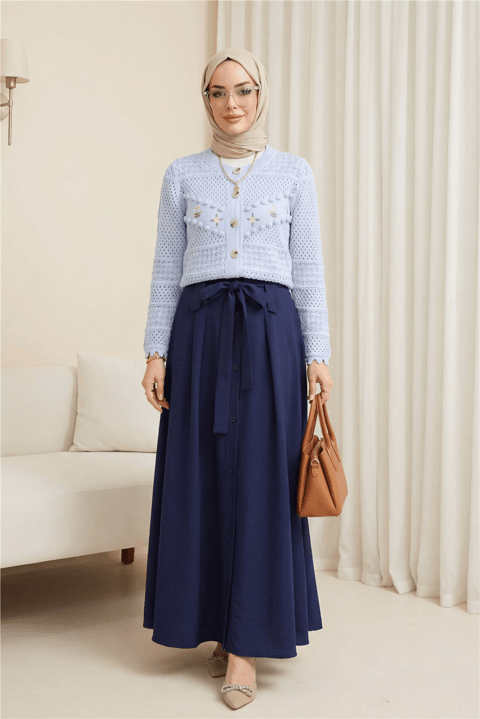 Önü Çiçek Nakışlı Ponponlu Düğmeli Triko Hırka -Bebe Mavi-Hırka-109-0989-R32