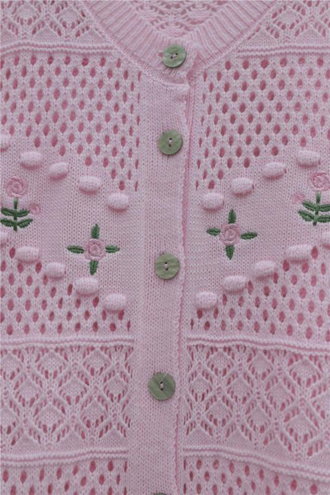 Önü Çiçek Nakışlı Ponponlu Düğmeli Triko Hırka  -Pembe-Hırka-109-0989-R20