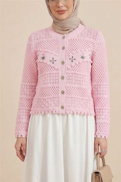 Önü Çiçek Nakışlı Ponponlu Düğmeli Triko Hırka  -Pembe-Hırka-109-0989-R20