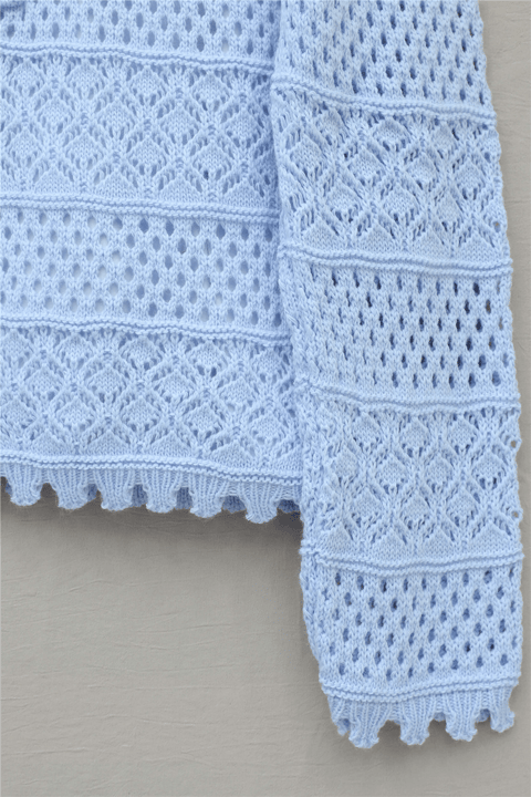 Önü Çiçek Nakışlı Ponponlu Düğmeli Triko Hırka -Bebe Mavi-Hırka-109-0989-R32