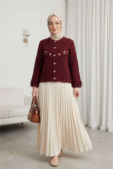 Önü Çiçek Nakışlı Ponponlu Düğmeli Triko Hırka     -Bordo-Hırka-109-0989-R04