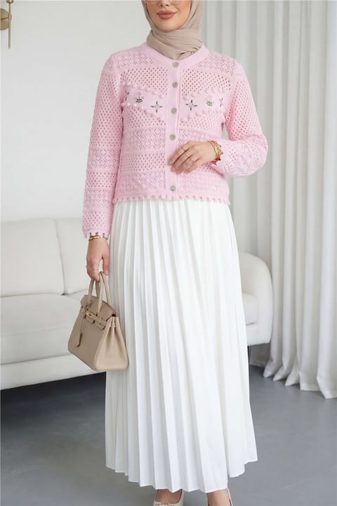 Önü Çiçek Nakışlı Ponponlu Düğmeli Triko Hırka  -Pembe-Hırka-109-0989-R20