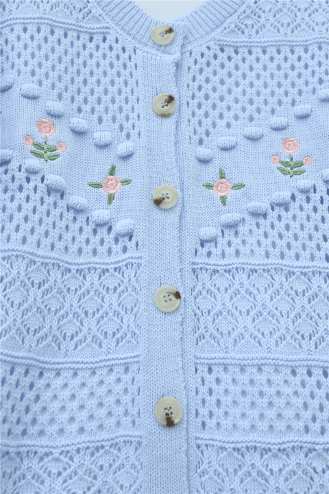 Önü Çiçek Nakışlı Ponponlu Düğmeli Triko Hırka -Bebe Mavi-Hırka-109-0989-R32
