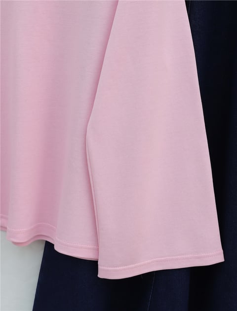 Önü Çiçek Nakışlı Yuvarlak Yaka Salaş Penye Tunik  -Pembe-Tunik-253-13137-R20