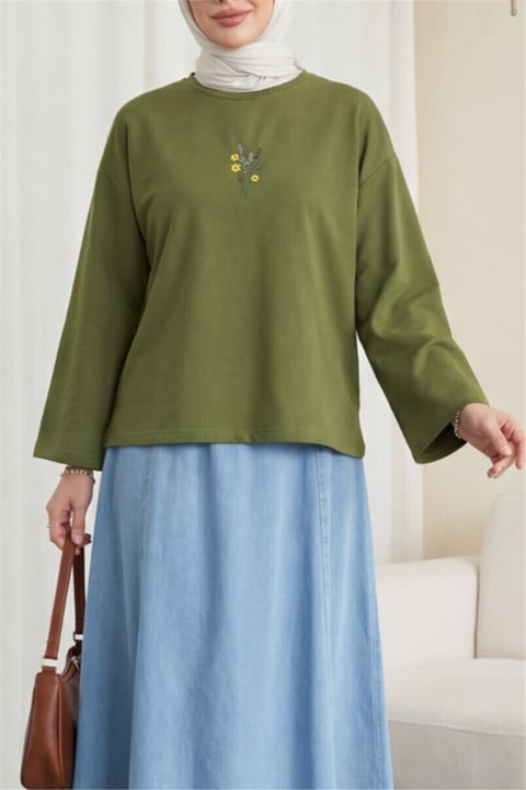 Önü Çiçek Nakışlı Yuvarlak Yaka Salaş Penye Tunik  -Yeşil-Tunik-253-13137-R35