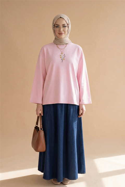 Önü Çiçek Nakışlı Yuvarlak Yaka Salaş Penye Tunik  -Pembe-Tunik-253-13137-R20