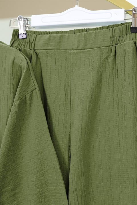 Önü Çift Bağcıklı Pantolonlu Krınkıl Takım    -Haki-Takım-349-6021-R05