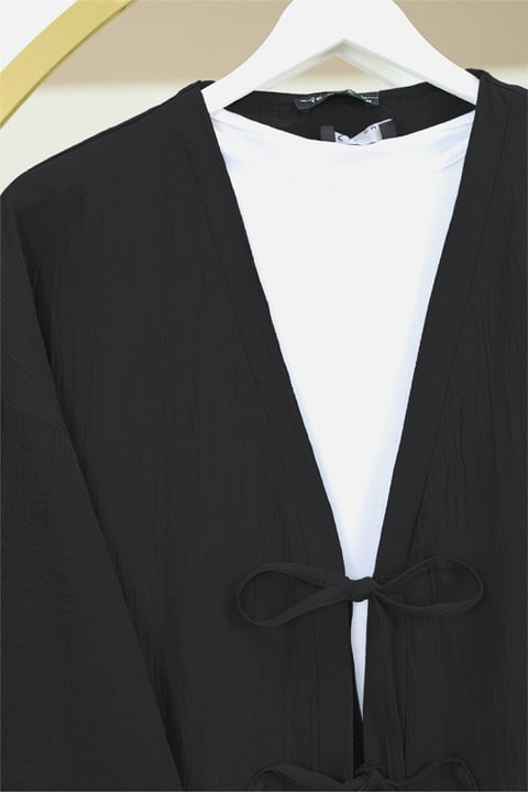 Önü Çift Bağcıklı Pantolonlu Krınkıl Takım  -Siyah-Takım-349-6021-R01