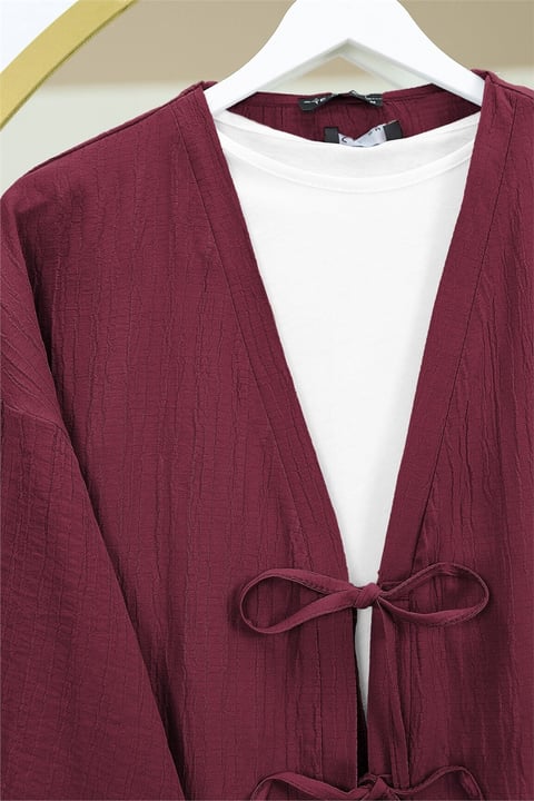 Önü Çift Bağcıklı Pantolonlu Krınkıl Takım    -Bordo-Takım-349-6021-R04