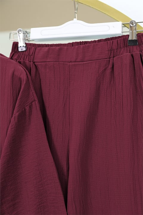 Önü Çift Bağcıklı Pantolonlu Krınkıl Takım    -Bordo-Takım-349-6021-R04