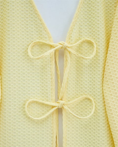 Önü Çift Bağcıklı Petek Desen Kimono -Açık Sarı-Kimono&Kaftan-307-2373-R75