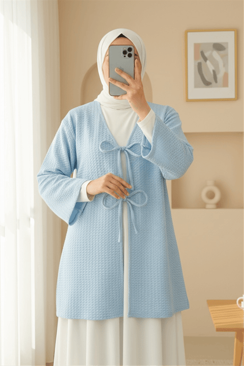 Önü Çift Bağcıklı Petek Desen Kimono -Bebe Mavi-Kimono&Kaftan-307-2373-R32