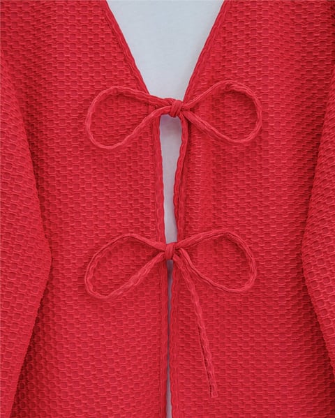 Önü Çift Bağcıklı Petek Desen Kimono -Kırmızı-Kimono&Kaftan-307-2373-R33